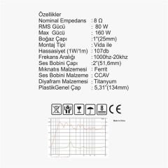 MagicVoice M-51/B 80W RMS 8 Ohm 51mm Profesyonel Hoparlör Tweeter Driver Ünitesi