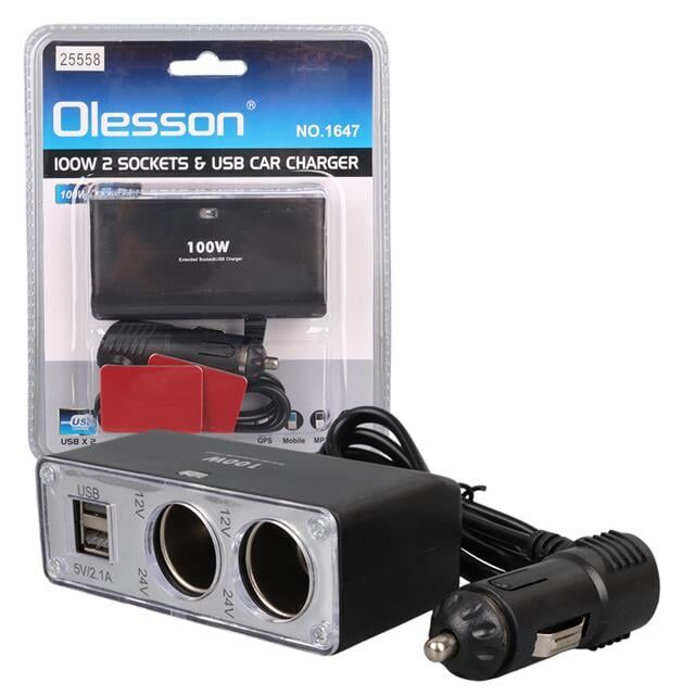 Olesson 1647 12-24V Çift USB Girişli 100W 70cm Kablolu 2'li Araç Çakmak Çoklayıcı