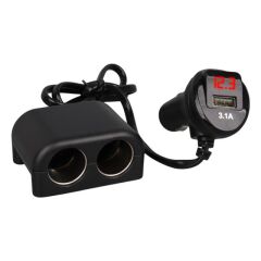 Olesson 1641 12-24V Tek USB Girişli 120W 80cm Kablolu Dijital Voltaj Ekranlı 2'li Araç Çakmak Çoklayıcı