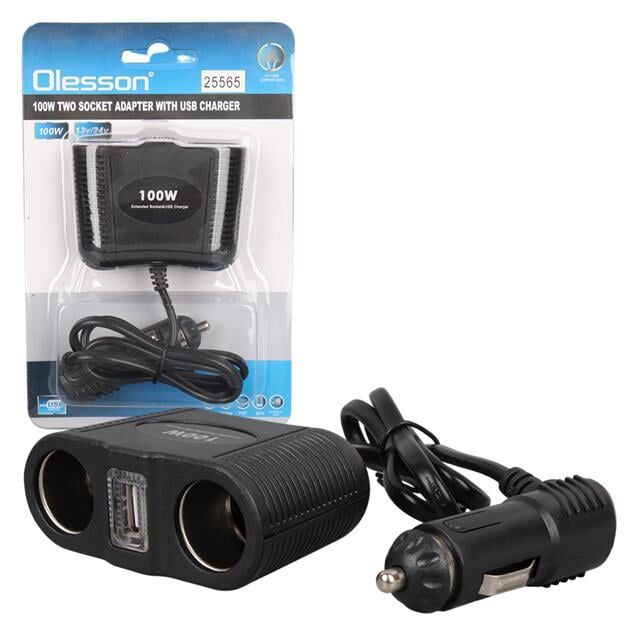 Olesson 1645 12-24V Tek USB Girişli 100W 70cm Kablolu 2'li Araç Çakmak Çoklayıcı