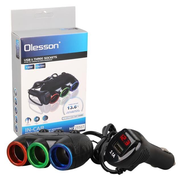 Olesson 1633 12-24V Tek USB Girişli 120W 80cm Kablolu Dijital Voltaj Ekranlı 3'lü Araç Çakmak Çoklayıcı