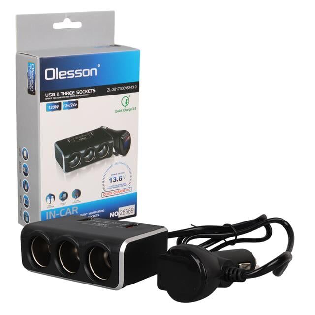 Olesson 1639 12-24V Çift USB Girişli Hızlı Şarj Destekli 120W 80cm Kablolu Dijital Voltaj Ekranlı 3'lü Araç Çakmak Çoklayıcı