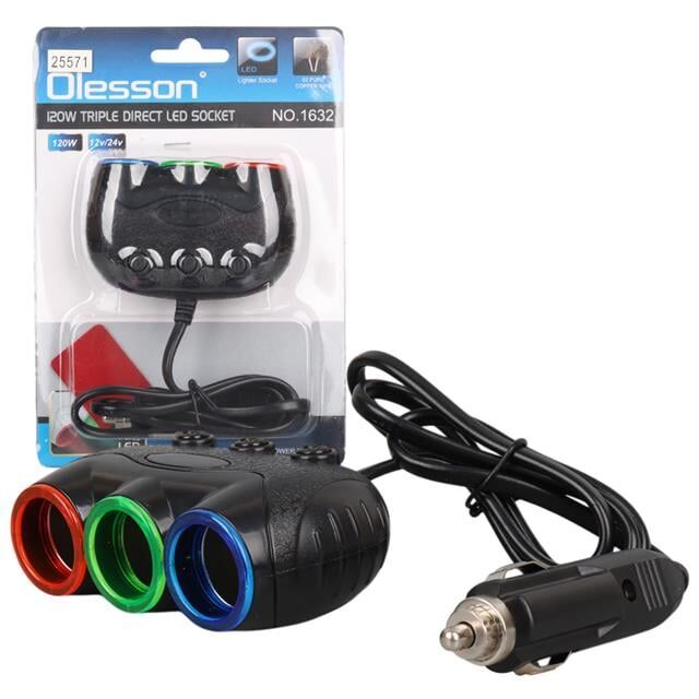 Olesson 1632 12-24V 120W 80cm Kablolu 3'lü Araç Çakmak Çoklayıcı