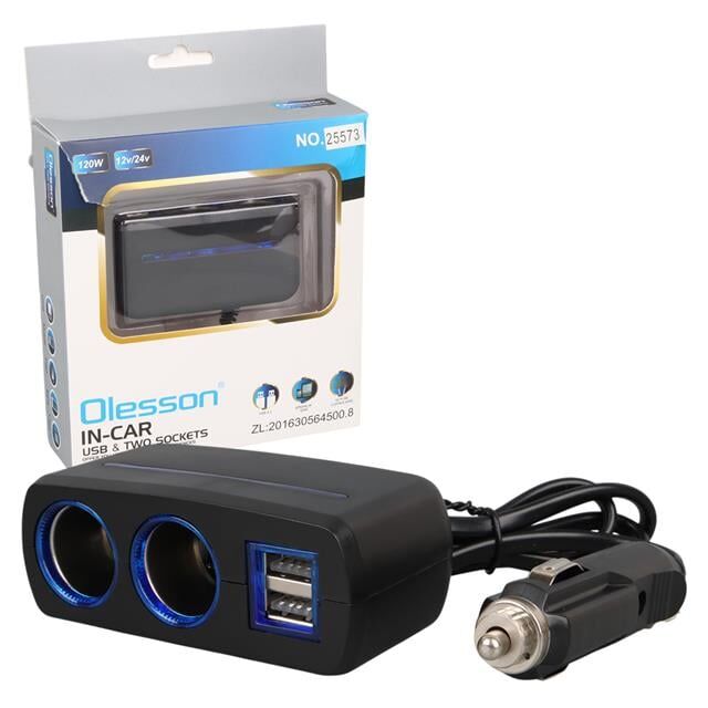 Olesson 1638 12-24V Çift USB Girişli 120W 80 CM Kablolu 2'LI Araç Çakmak Çoklayıcı