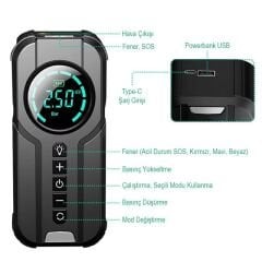 PowerMaster Powerbank Araç Akü Şarj Lastik Hava Kompresörü Şişirici Taşınabilir Dijital Kablosuz El Feneri