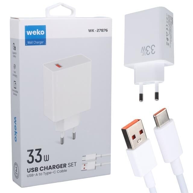 Weko WK-27876 M11 Beyaz 33 Watt Turbo Usb Şarj Başlık Adaptörü + Type-C Kablo