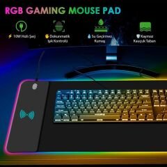 PowerMaster PM-25115 XL RGB Gaming Mouse Pad Wireless Telefon Şarj Destekli 14 Modlu